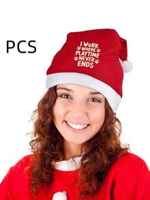 I Work Where Playtime Never Ends Santa Hat Confortable Velvet Red Christmas Hat For Christmas Party Favors Fit For Adults And Kids - 紅白色 - 查看 2