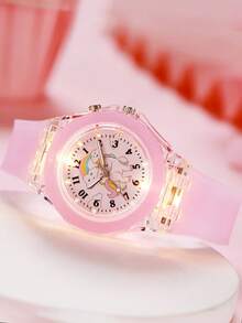 2pcs/Set Jam Tangan Anak Perempuan Bercahaya, Jam Tangan LED Bercahaya Kartun Unicorn, Jam Tangan Quartz & Gelang Manik-manik - Berwarna merah muda - View 4