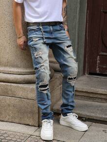 Men's Blue Washed Distressed Skinny Fit Ripped Jeans, Streetwear Fashion Versatile Denim Pants, All Season - Blue - View 7