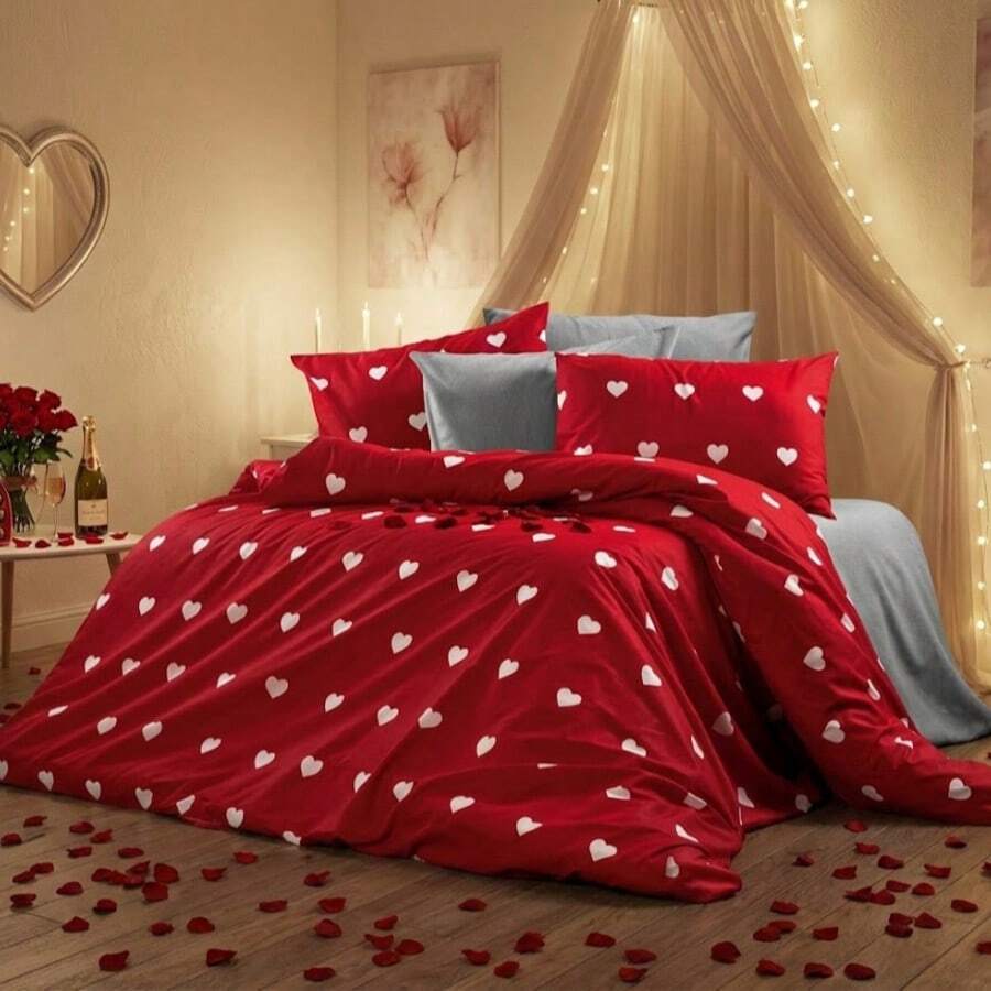 CAQQA 三件套土耳其棉梭织被套套装 | 被套和枕套,现代卧室床上用品,尺寸:135*200厘米、150*200厘米、200*200厘米、200*220厘米、220*240厘米 - 紅色 - 查看 1