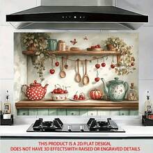 1片防水PVC厨房墙贴 - 北欧波西米亚风亮面花卉水果可移除贴纸（樱桃红、米色/绿色） - 适用于玻璃、橱柜、衣柜、门，即撕即贴 - 耐油、可重复使用的乙烯基家居装饰，2D平面 - 彩色 - 查看 9