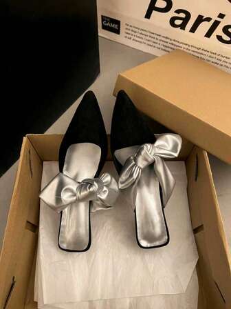 女士蝴蝶结尖头高跟穆勒凉鞋，法式闭趾套脚凉鞋，春夏仙女鞋