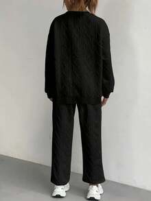 Ladies' Oversized Cable Knit Sweatsuit, 2-Piece Sweater & Pants Set, Soft Warm Autumn/Winter Outfit, Holiday Season Casual Loungewear, Various Chic Festive Colors To Choose - 黑色 - 查看 3