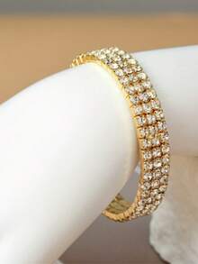 1 chiếc vòng tay đính đá Rhinestone trang trí, thích hợp để đeo hàng ngày - Vòng tay đính đá ba lớp - Xem 2
