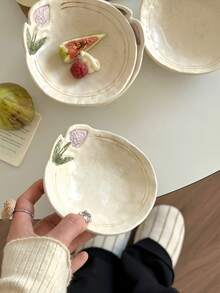 1pc/2pcs Asymmetrical Floral Pattern Ceramic Plate, Cute Snack Dish, Dessert/Cake Plate, Side Dish Plate, Japanese Style Line Ceramic Plate, Elegant Snack/Fruit Plate, Oval Breakfast Plate, Suitable For Serving, Restaurant, Dessert Shop, Living Room - Multicolor - View 2