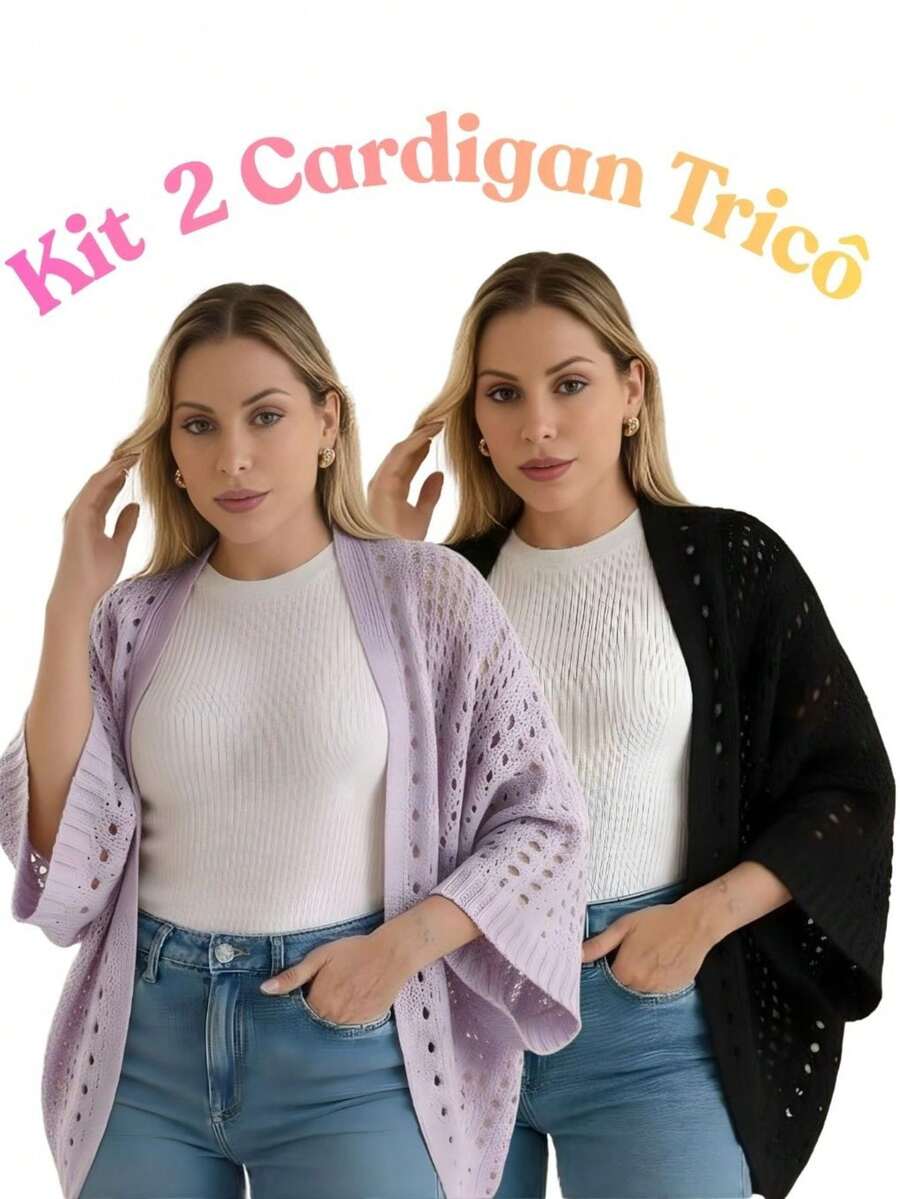 Set Of 2 Women's Cardigan Blouses, Knitted Cape, Openwork Knit, Autumn - 淡紫色/黑色 - 查看 1