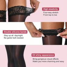 Medias altas transparentes brillantes hasta el muslo, 2 pares de medias de lencera sedosas para mujer con encaje de silicona Stay - CH-M + 1 Par Natural, 1 Par negro - Ver 4