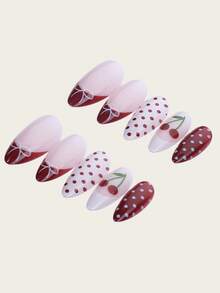 24片杏仁形红色波点法式樱桃亮面亚克力假指甲，情人节新品美甲用品 - 彩色 - 查看 3