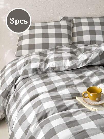 3 piezas Juego de Edredón y Funda de Almohada de unicolor Súper Suave para Todas las Estaciones, Estilo Minimalista Estudiantil a Cuadros Grises, Adecuado para Cama Individual, Doble, Queen, King, Decoración del Hogar, Regalo, Lavable a Máquina