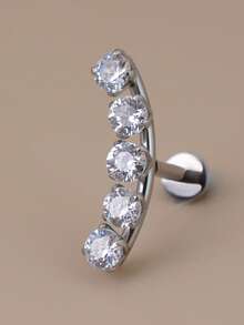 1pc Fashionable Shiny Elegant Stainless Steel 3 Crystal Zirconia Ear Cartilage Piercing Earrings, Flat Back Anti-Allergic Ear Studs, Earlobes Earrings, Flat Lip Rings, Nose Rings, Girls Silver Ear Cuff Piercing Jewelry, Screw Back, Internal Thread, 16G - A Pair Of Flat-bottomed Curved  Stud Earrings - View 17