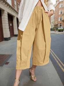 女士休闲卡其色阔腿裤，松紧腰带带口袋 - 时尚高品质宽松长裤，秋季女装 - 棕色 - 查看 2