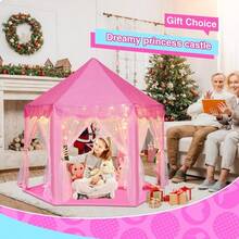 Princess Castle Fairy Tent, Play Toys For Girls Large Hexagon Playhouse, Toy Houses, With Big Star Lights Indoor And Outdoor Kids Magical Game House Kids Camping(With Mat) - 粉紅色大燈 - 查看 6