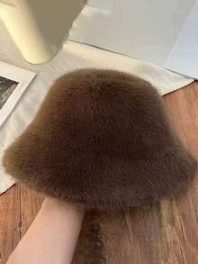 1pc All-Match Casual Versatile Warm Fuzzy Bucket Hat Cold Weather Outfit Women - Dark Brown - View 3