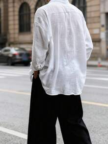 Men's Solid Color Long Sleeve Single-Breasted Pocket Loose Casual Shirt, Autumn - White - View 8