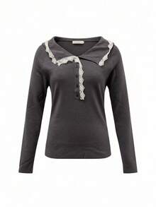 女士蕾丝拼接连帽打底衫，甜美针织套头衫，宽松版型，早春 - 灰色 - 查看 4