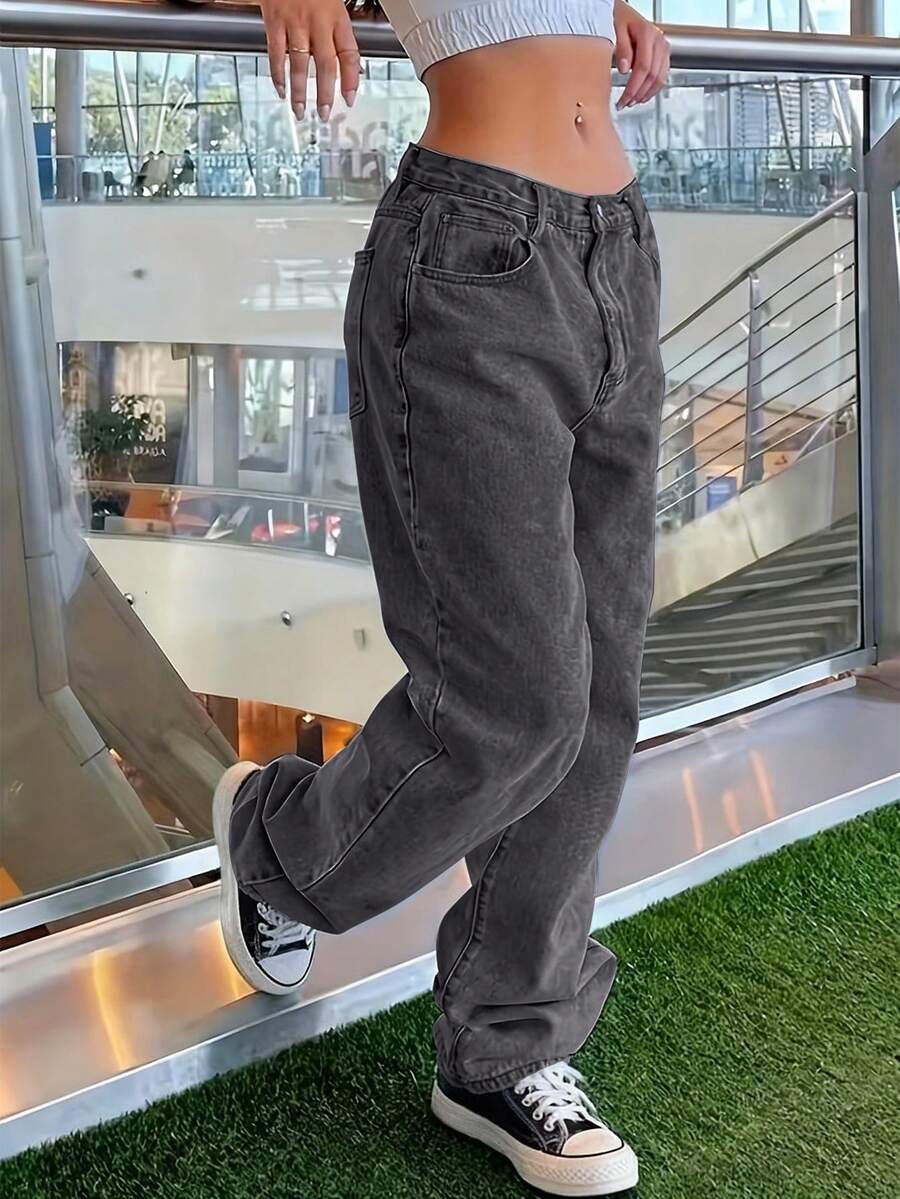 Quần jean ống đứng cạp cao cổ điển, quần denim ống rộng rộng rãi, đa năng, dài chấm đất, quần cotton thường ngày, trang phục công sở cho nữ, trang phục đi chơi, trang phục công sở cho nữ, quần trắng - màu đen - Xem 1