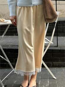 Women Silk Satin Half Slip Long Skirts Lace Patchwork Elastic Waist Long Skirt Elegant Silky Flowy A Line Midi Skirts - vàng nhạt - Xem 1