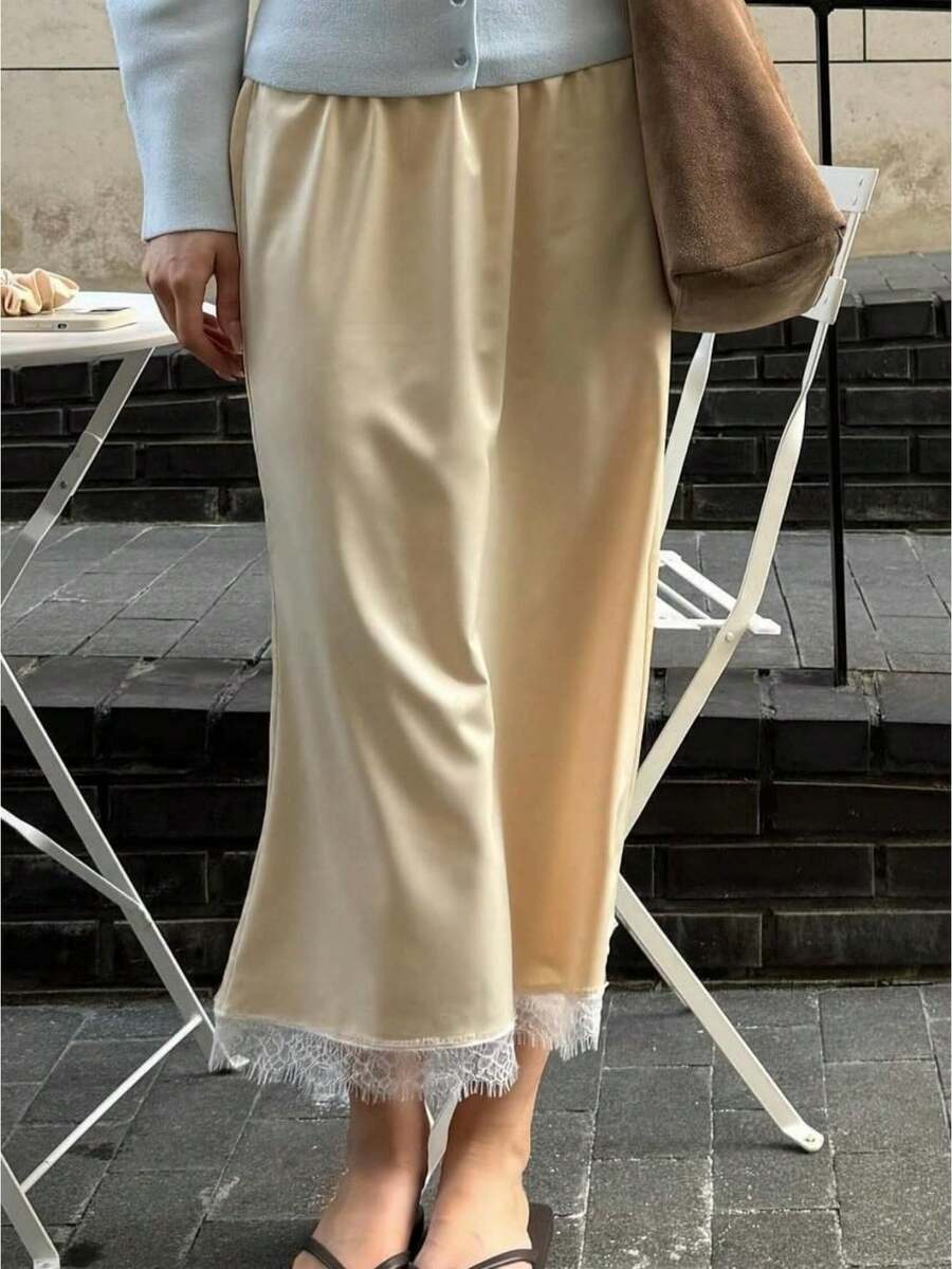 Women Silk Satin Half Slip Long Skirts Lace Patchwork Elastic Waist Long Skirt Elegant Silky Flowy A Line Midi Skirts - vàng nhạt - Xem 1