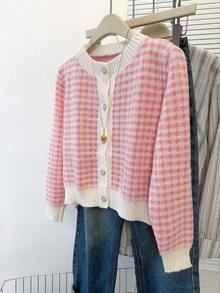 JIANHU Áo len cardigan kẻ sọc hồng trắng mới mùa xuân có nút hình trái tim, phong cách ngọt ngào cho bé gái, áo len dài tay mềm mại và cổ điển - Hồng - Xem 1