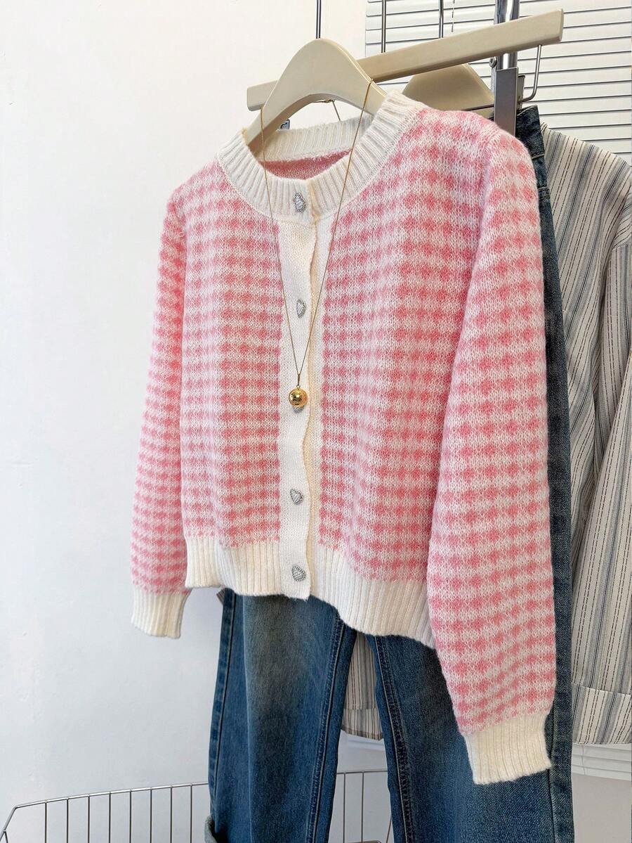 JIANHU Áo len cardigan kẻ sọc hồng trắng mới mùa xuân có nút hình trái tim, phong cách ngọt ngào cho bé gái, áo len dài tay mềm mại và cổ điển - Hồng - Xem 1
