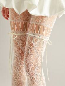 镂空蕾丝蝴蝶结系带渔网连裤袜，Y2K复古风吊带网袜，春夏款 - 白色 - 查看 6