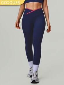 Damen Sporthose ohne Vordernaht mit kontrastfarbiger Einfassung, V-förmiger Taille, formend, für Fitness und Yoga - marineblau - Übersicht 6