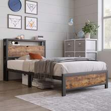 Metal Bed, Youth Bed, Single Bed 90 X 200 Cm With Storage Headboard And Metal Slatted Base, Children's Bed, Metal Bed Frame, Bed Frame For Adults, Children, Teenagers, Black Industrial Bed - 卡其色 - 查看 6