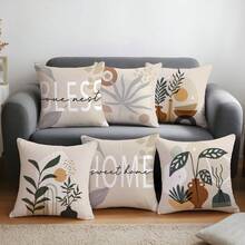 6件套简约日常抽象棕色波西米亚风叶子几何“祝福家园”图案抱枕套，单面印花天鹅绒，尺寸45*45/50*50/40*40厘米，适用于现代简约沙发客厅装饰，可作礼品或派对装饰。 - 棕色-6pc - 查看 9