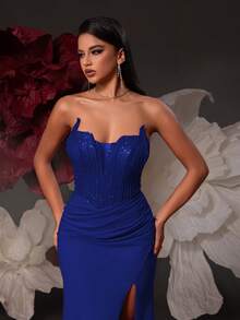 VIPGIRL Red Sequin Patchwork High Slit Elegant Sexy Women's Formal Evening Gown - Royal Blue - View 4