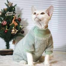 Thick Hairless Cat Clothes, Warm Belly Protective Jumpsuit For Sphynx Cats In Autumn/Winter. Mint Green Faux Lambswool High Collar Cat Outfit, Suitable For Sphynx And Devon Rex Cats. Warm, Skin-Friendly, Non-Stuffy, Cute For Indoor And Outdoor Wear. - Mint Green - View 7