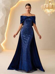 女士奢华晚礼服，优雅露肩丝绒长裙，饰以串珠，曳地裙摆，适合正式派对和盛大晚宴，秋冬新款，婚礼春季派对必备 - 藍色 - 查看 6