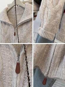 JIANHU Áo khoác cardigan dệt kim màu mơ có khóa kéo - Áo khoác cardigan cỡ lớn thu/đông, chợ Giáng sinh và phong cách đường phố - Màu be - Xem 10
