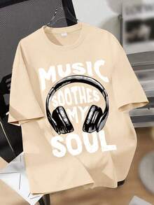 Boys' Casual Stylish Music Artist Headphone Print Round Neck Short Sleeve T-Shirt, Summer New Kids Tops - Apricot - View 2