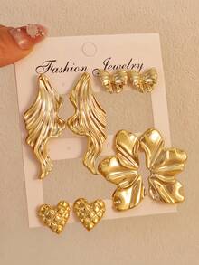 2/8件套对称花瓣蝴蝶结心形耳钉套装，镀金，适合日常佩戴，可作为礼物送给家人、朋友和她 - 金黃色 - 查看 1