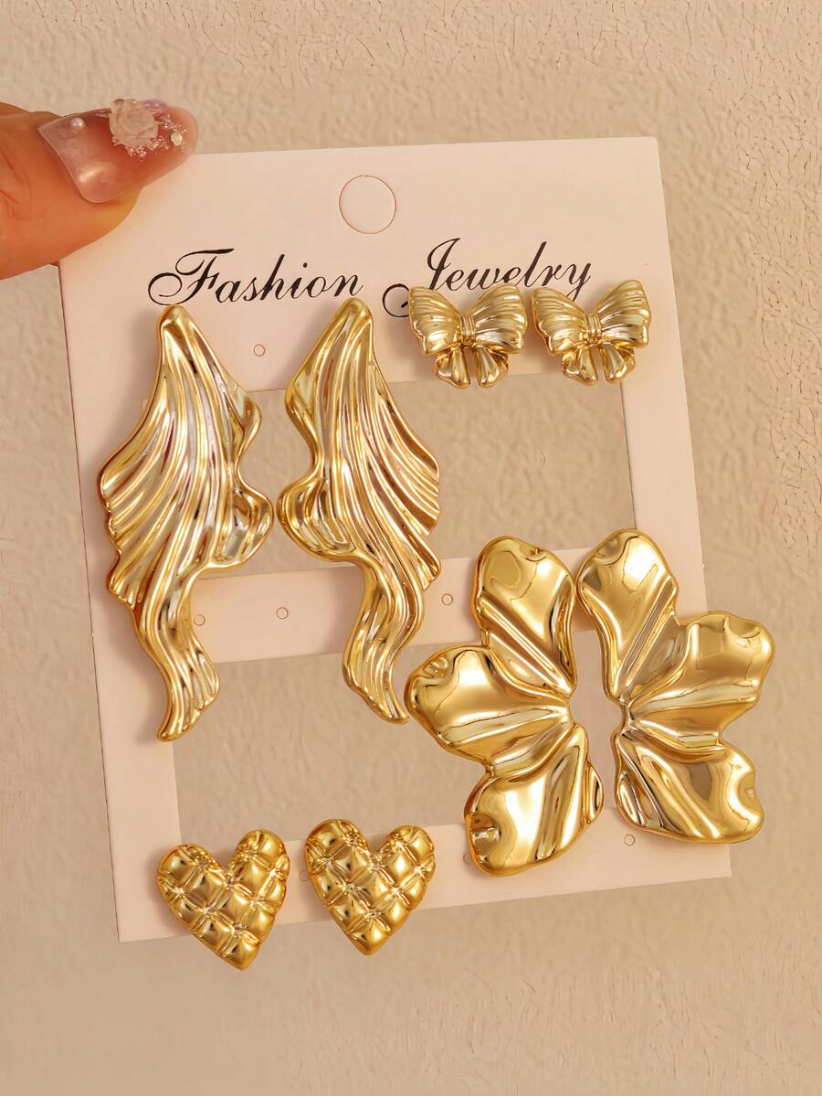 2/8件套对称花瓣蝴蝶结心形耳钉套装，镀金，适合日常佩戴，可作为礼物送给家人、朋友和她 - 金黃色 - 查看 1