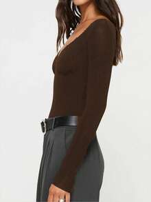 性感休闲美式时尚长袖上衣，V领修身显瘦衬衫，春季款 - 棕色 - 查看 5
