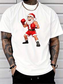 Camiseta de Boxeo para Hombre con Patrón de Santa Claus - Atuendo Rojo para Fiesta de Navidad, Manga Corta, Resistente a las Arrugas y Transpirable - Ropa de Entrenamiento Casual, Adecuada para Uso Todo el Año (Adulto) - Diseño de Santa Claus de Boxeo, con Guantes - Blanco - Ver 1