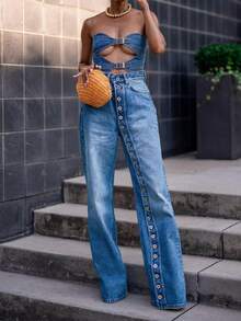 Women's Button-Front Straight Jeans - Full Length Button Detail, Mid-Rise Classic Denim Trousers - Medium Wash - View 7