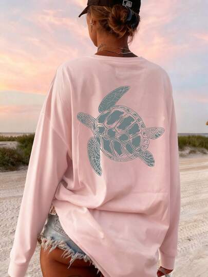 Women's Autumn And Winter Turtle And Slogan Graphic Round Neck Long Sleeved T Shirt ,Casual Loose And Versatile Holiday Style Tops,Fashionable Fall Women Clothes Suitable For Daily Wear