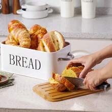 Large Metal Bread Bin With Bamboo Lid Kitchen Loaf Bread Storage Box Food Container - White - View 2