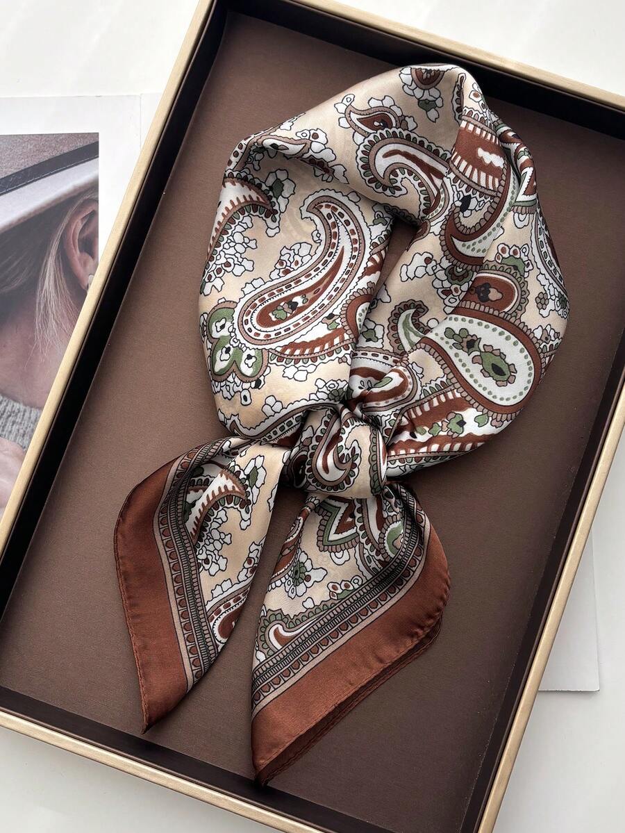 1条方形真丝围巾，女士缎面印花头巾，颈巾，头巾，时尚女士披肩，围巾 - 焦糖 - 查看 1