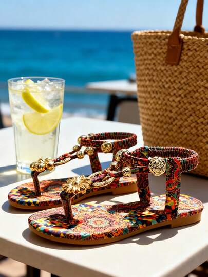 1 Pair Girls' Colorful Bohemian Print Gold Decor Flip Flops Flat Sandals, Bohemian Style, Suitable For Summer Beach Vacation And Daily Wear, Cute Girls' Sandals, Popular Online Influencer Item, Well-Received, Versatile Girls' Sandals, Fashionable Vacation-Style Children's Sandals, Soft Sole Won't Rub, Ideal Choice For Vacation Girls