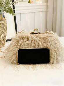 时尚卡其色翻盖链条毛绒手提包，时尚女士休闲斜挎单肩包，日常办公手机袋