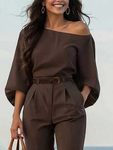 Women's Elegant Coffee 2 Pieces Set: Asymmetrical Top Paired With Suit Pants, Suitable For Daily Wear, Office, Halloween, Autumn Season - Coffee Brown - View 2