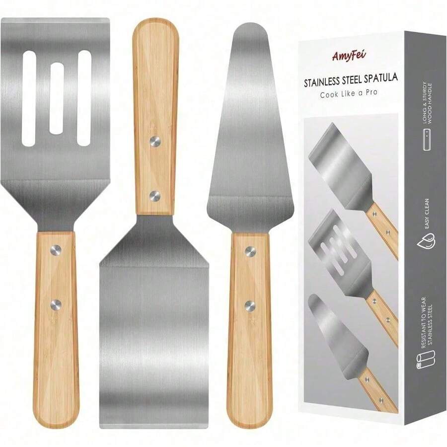 2 Piece Stainless Steel Spatula Set Wooden Handle Heat Resistant Cooking Utensils Non Slip Ergonomic Kitchen Tools For Home Kitchen Restaurant Outdoor Baking Grilling Frying Pancakes Steak Burgers - 3個 - 查看 1