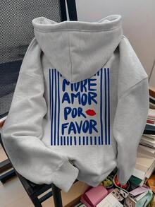 女士冬季字母印花长袖抽绳卫衣，带口袋，休闲宽松多功能节日风格上衣，秋季女装，冬季女装时尚，适合日常穿着。 - 深花灰 - 查看 6