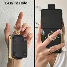 VIETAO Funda de teléfono móvil compatible con Samsung Galaxy Z Flip7 Flip6 Flip5 Flip4 Flip3 con soporte y anillo de dedo, de piel sintética con acabado electrolítico