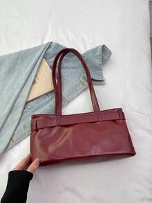 1pc Vintage Large Capacity Tote Bag, Commuter Oversized Underarm Bag, Fashion Motorcycle Women's Bag, PU Solid Color Oiled Wax Leather, Strap Decor, Zipper Closure, Women's Shoulder Bag For Work, College Student Backpack, Short Trip, Vacation, Shopping, Business, Suitable For Daily Use - Burgundy - View 8