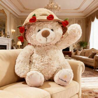 Oso de peluche con sombrero de rosa suave, relleno de poliéster suave, diseño creativo de sombrero de rosa, adecuado como regalo para parejas, familia, amigos, cumpleaños, bodas y ocasiones cotidianas