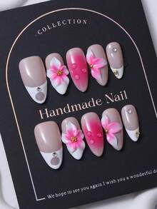 Adesivos de Unhas em Formato de Amêndoa Feitos à Mão no Estilo Francês Rosa Y2K & Padrões Esculpidos à Mão em 3D & Design de Estampa Degradê Pintada à Mão para Decoração de Unhas. 1 Peça de Gel de Gelatina e 1 Peça de Lixa de Unhas, Perfeito para o Dia a Dia, Bem como para Fantasias para Festas do Festival de Música Coachella, Unhas Postiças e Produtos de Cuidados com as Unhas. Suprimentos para Unhas - Rosa chiclete - Visão 1